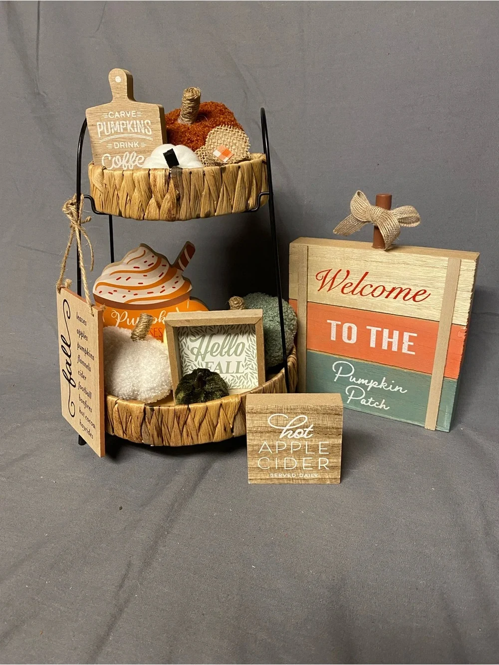 Autumn Pumpkin Patch Decorative Tiered Tray Set - White, Orange, Green